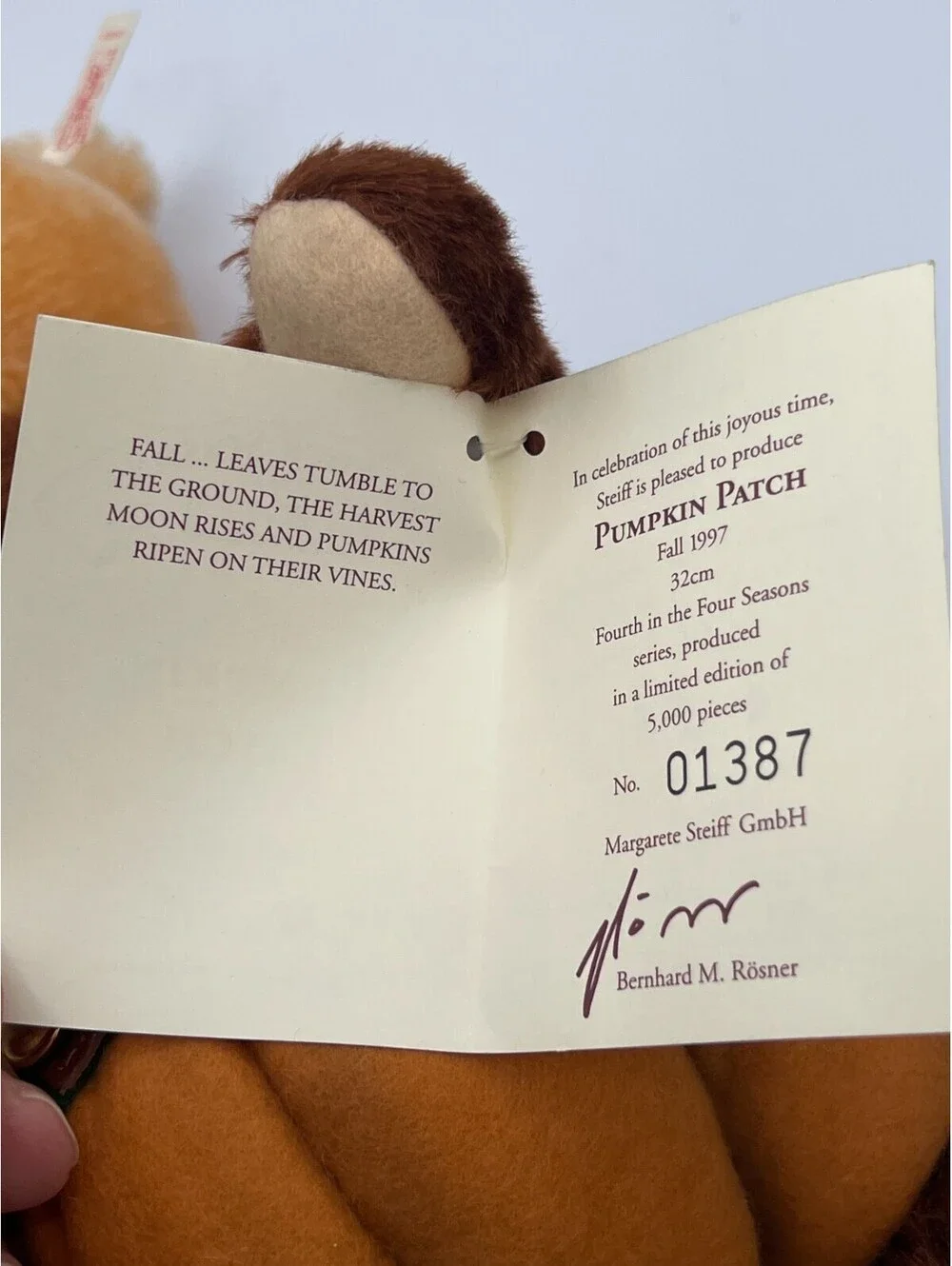 Vintage 1997 The Four Seasons Steiff Pumpkin Patch Bear #1387 of 5000 12.5”